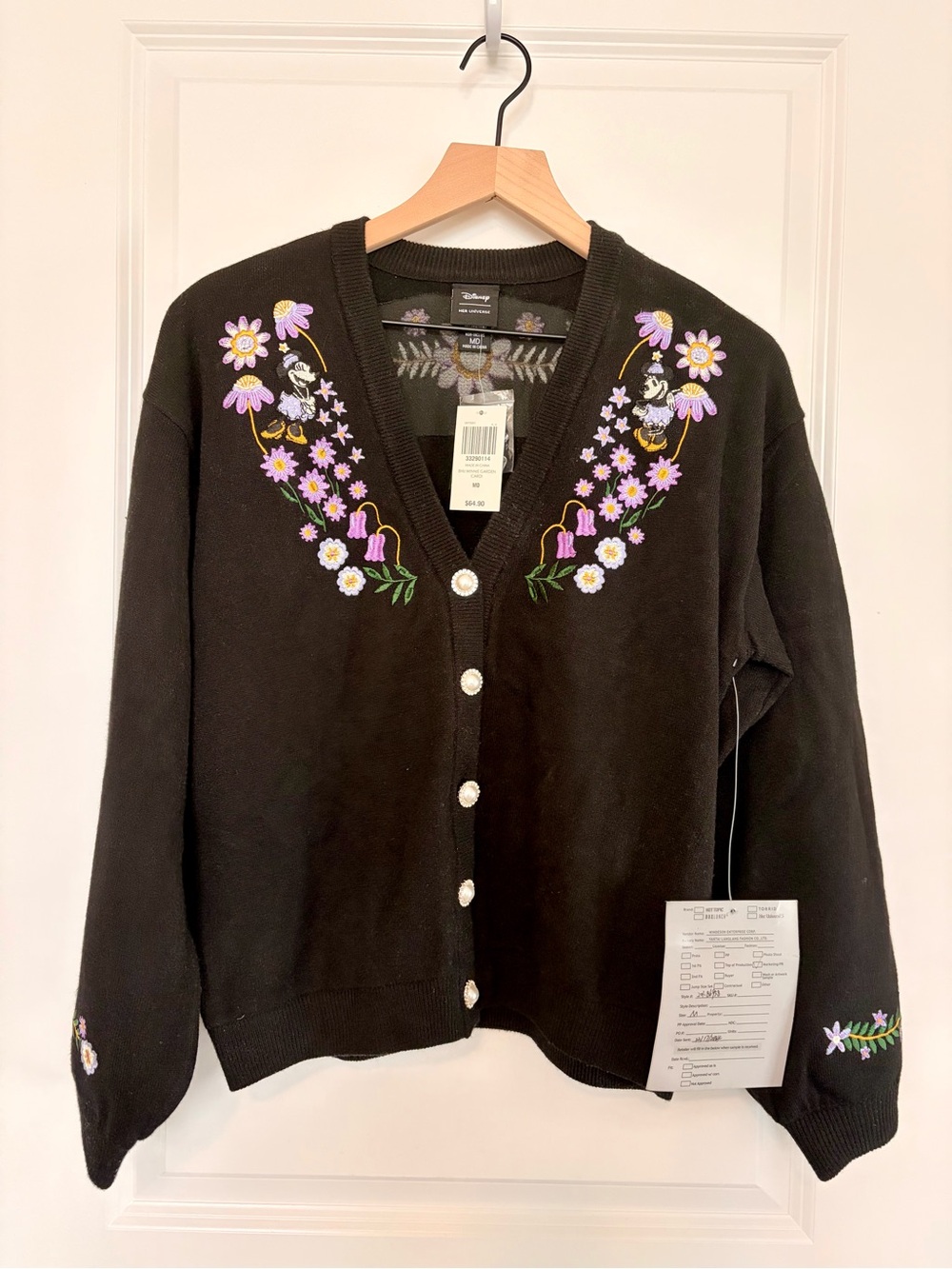Her Universe Minnie Garden Black Cardigan with Purple & White Floral Embroidery